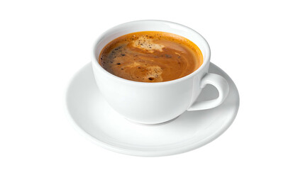 Fototapeta premium White ceramic cup filled with freshly brewed dark espresso coffee rests on a matching saucer against a solid black background.