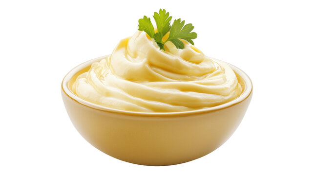 Creamy mayonnaise in yellow bowl isolated on a transparent background