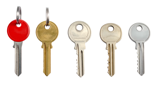 Row of five distinct metal house keys displayed against a solid black background