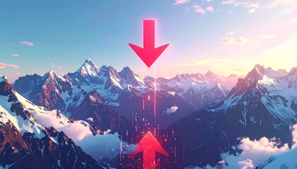 Mountains covered in snow under a bright sky with glowing red arrows pointing up and down