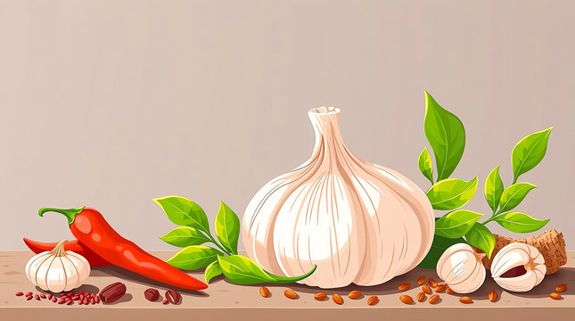 Fresh garlic and red chili pepper vector illustration logo design, perfect for organic food branding, restaurant identity, spicy seasoning product packaging, natural culinary business, and healthy kit - Powered by Adobe
