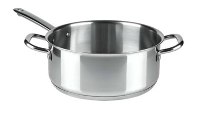 High quality metallic cooking pot with long handle isolated against black background