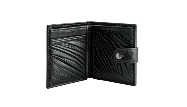 Open black leather bi-fold accessory displaying textured card slots against a solid dark background