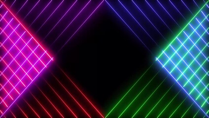 looped 3d animation, neon tunnel with rotating square frames. Abstract cycled background.Neon blue pink lights rays motion futuristic tech background seamless looping animation - Powered by Adobe