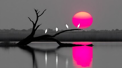 Serene Sunset Silhouette - Birds Perched on a Branch Reflecting in Water.