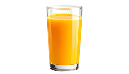 Tall glass filled with bright orange liquid stands against a solid black background