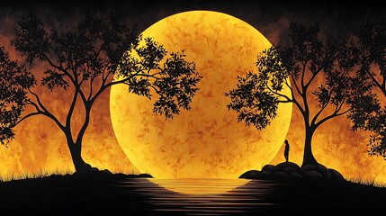 Silhouette of a Person Standing Before a Giant Moon.