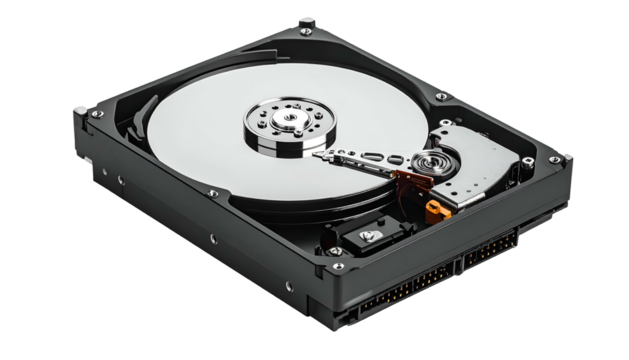 Opened internal computer storage device reveals shiny metallic rotating platters and read write head mechanism