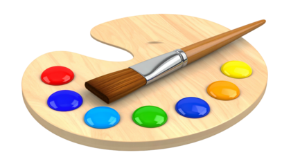Wooden 's palette displaying dollops of vibrant colored liquid pigments alongside a quality paintbrush