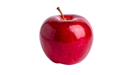 Shiny, perfectly ripe red fruit with a stem isolated against a dark background