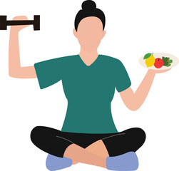 Woman Balancing Dumbbell and Healthy Food Flat Vector