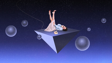 Surreal gradient collage. Woman talking on vintage phone while floating on geometric platform in cosmic space. Concept of digital communication marketing, nostalgia branding, and modern art decor.