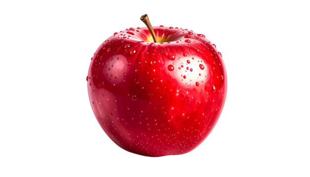 Vibrant crimson fruit with glistening moisture droplets rests isolated against deep darkness