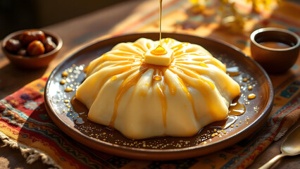 Asida Dessert with Honey Drizzle - Traditional Arab Pudding Served with Dates