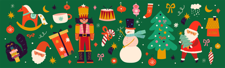 Fototapeta na wymiar Christmas funny collection. Christmas decorative banner with funny Santa Claus, nutcracker