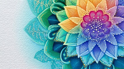Vibrant Rainbow Mandala Art - A Detailed Close-Up of Intricate Floral Design.