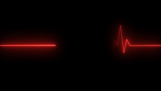 Glowing red neon heart pulsating with electrocardiogram line on dark grid background medical cardiology health 4K Ai HD video.