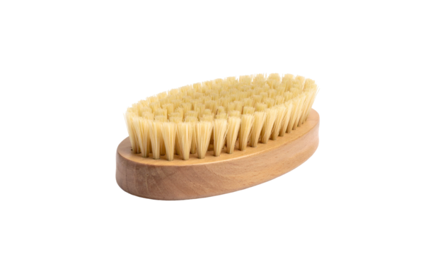 Oval wooden body brush with light colored natural bristles isolated on black background