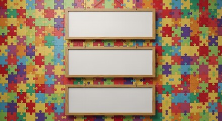 Colorful Puzzle Wall with Blank Whiteboards for Education and Information.