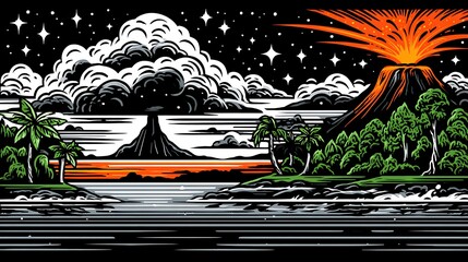 Volcanic Eruption at Night with Tropical Island Landscape.