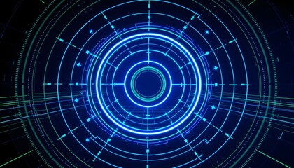 Abstract glowing blue digital interface displaying concentric circles and intricate grid patterns, suggesting advanced technology.