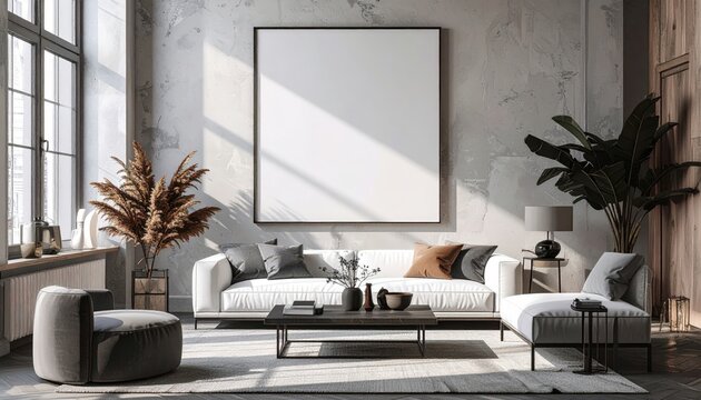 Blank Frame Mockup in a Modern Industrial Loft Living Room Interior.