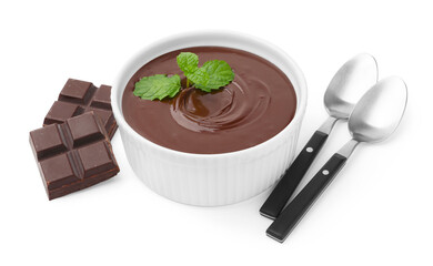 Melted chocolate with mint in bowl, pieces and spoons isolated on white
