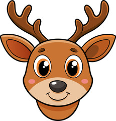 a cute reindeer face with big eyes and small antlers, smiling expression, flat cartoon icon, no background.