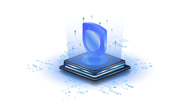 ai chip security isometric vector illustration. Online server protection system concept. Computer electronics and AI systems landing page template.