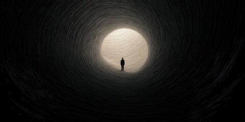 Fototapeta premium depression fatigue darkness concept. A figure standing in a swirling tunnel of light and darkness.