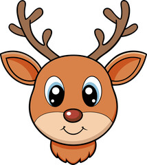 a cute reindeer face with big eyes and small antlers, smiling expression, flat cartoon icon, no background.