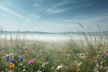 Colorful Meadow With Morning Mist