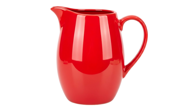Glossy bright red ceramic container features a handle and pouring spout against a solid black background