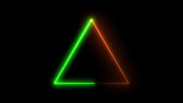 Neon triangle shape glowing on dark background with reflection. Abstract geometric light animation for nightclub, party, or tech concept.