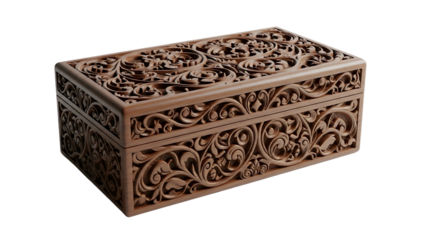 Intricately carved wooden container rests against a solid black background