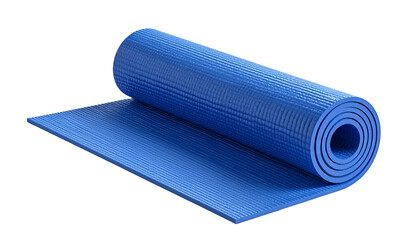 Bright blue exercise mat partially unrolled against a dark background