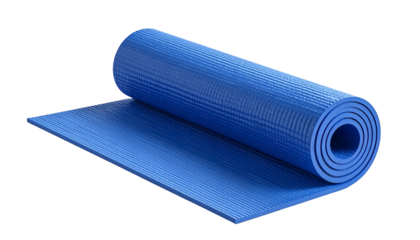 Bright blue exercise mat partially unrolled against a dark background