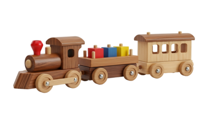 Classic wooden pull toy train with colorful blocks rests on a solid black background
