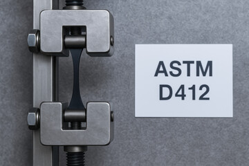 Rubber tensile test specimen manufacturing arranged in metal grips for ASTM D412 laboratory testing with gray background and precise lighting