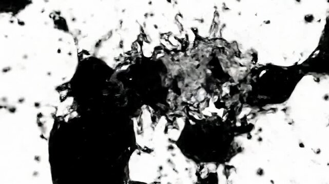 Dynamic high-contrast abstract video of viscous black ink and fluid amorphous shapes animating on a stark white background with sharp lines. Concept of modern abstract design