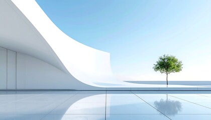 Modern curved white building with reflective tiled floor, against a clear blue sky, beside a leafy tree