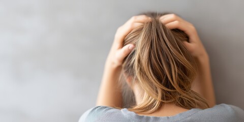 depression fatigue darkness concept. Person holding head in distress against a gray background.