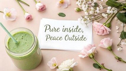A green smoothie and flowers with a peaceful quote