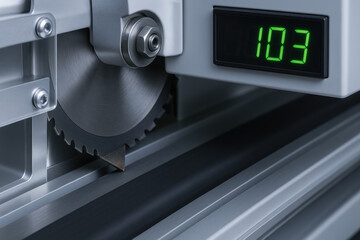 Precision saw blade and digital readout in rubber manufacturing plant creating efficient parts with metal guide rail and industrial machinery