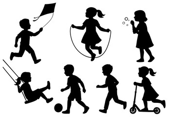 Children silhouettes engaged in various outdoor activities
