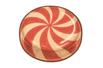 Round peppermint candy illustration with red and white spiral swirl pattern, sweet treat for holidays, transparent background
