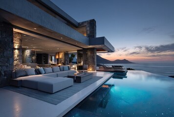 Luxury modern villa with infinity pool overlooking ocean at sunset