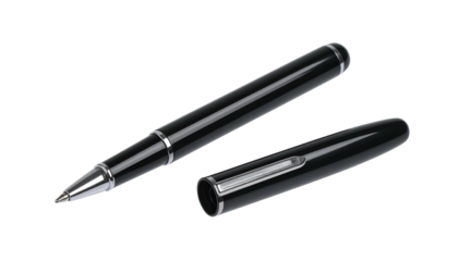 Luxurious black writing instrument displays its nib and separate cap against a dark background