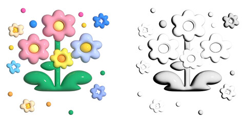 Cute 3D Colorful Flowers Illustration – Glossy Cartoon Floral Design on White Background