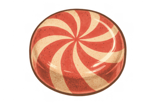 Round peppermint candy illustration with red and white spiral swirl pattern, sweet treat for holidays, transparent background